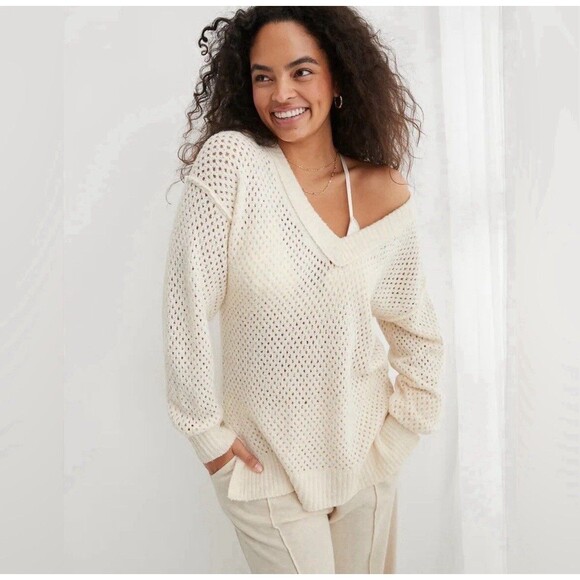 Aerie Cream Off-the-Shoulder Sweater with Loose Knit Women’s XXL Lounge Oversize - Picture 1 of 11
